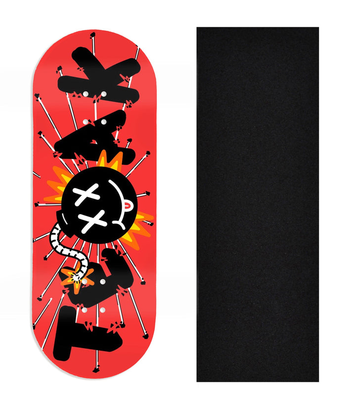 Teak Tuning Heat Transfer Graphic Wooden Fingerboard Deck, Design Contest 2024 Winner, Flatline_fb - "Kaboom" 34mm Deck