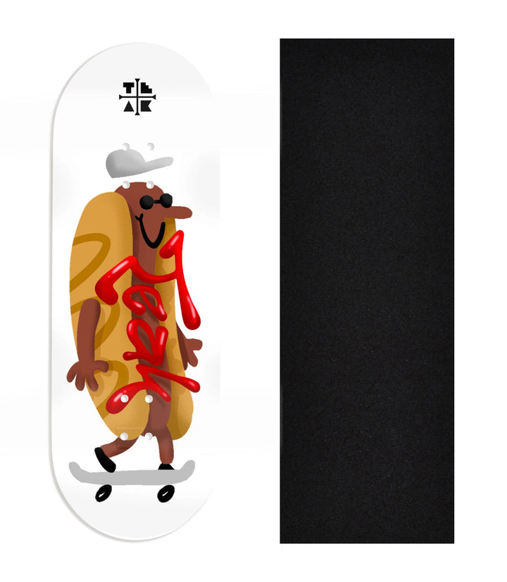 Teak Tuning Heat Transfer Graphic Wooden Fingerboard Deck, Design Contest 2024 Winner, hectorvacui - "Hot Dog" 32mm Deck