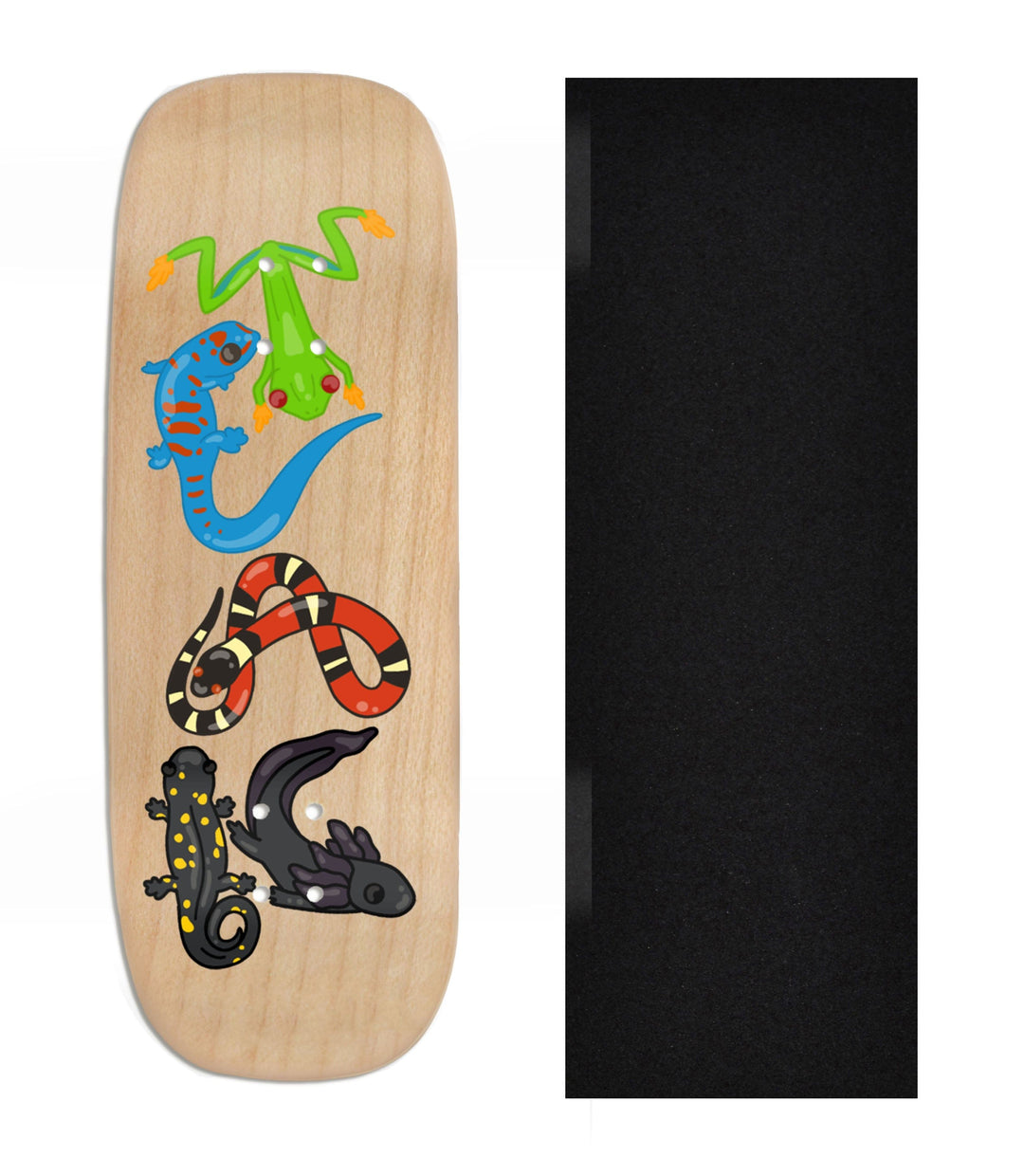 Teak Tuning Heat Transfer Graphic Wooden Fingerboard Deck, Design Contest 2024 Winner, phr.ae - "Reptile Charmer" Boxy Deck