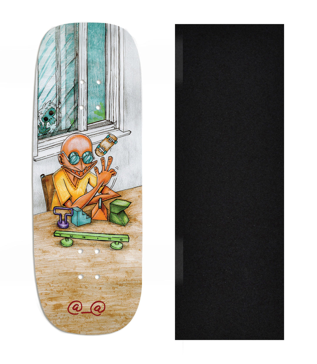 Teak Tuning Heat Transfer Graphic Wooden Fingerboard Deck, Design Contest 2024 Winner, @__@ - "Window Sesh" Boxy Deck