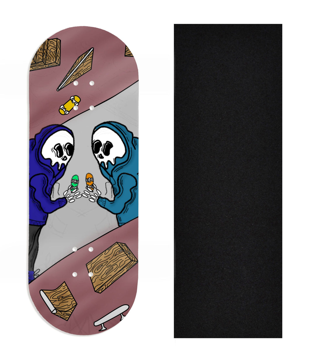 Teak Tuning Heat Transfer Graphic Wooden Fingerboard Deck, Design Contest 2024 Winner, originalfingerking - "Grim Buds" 34mm Deck