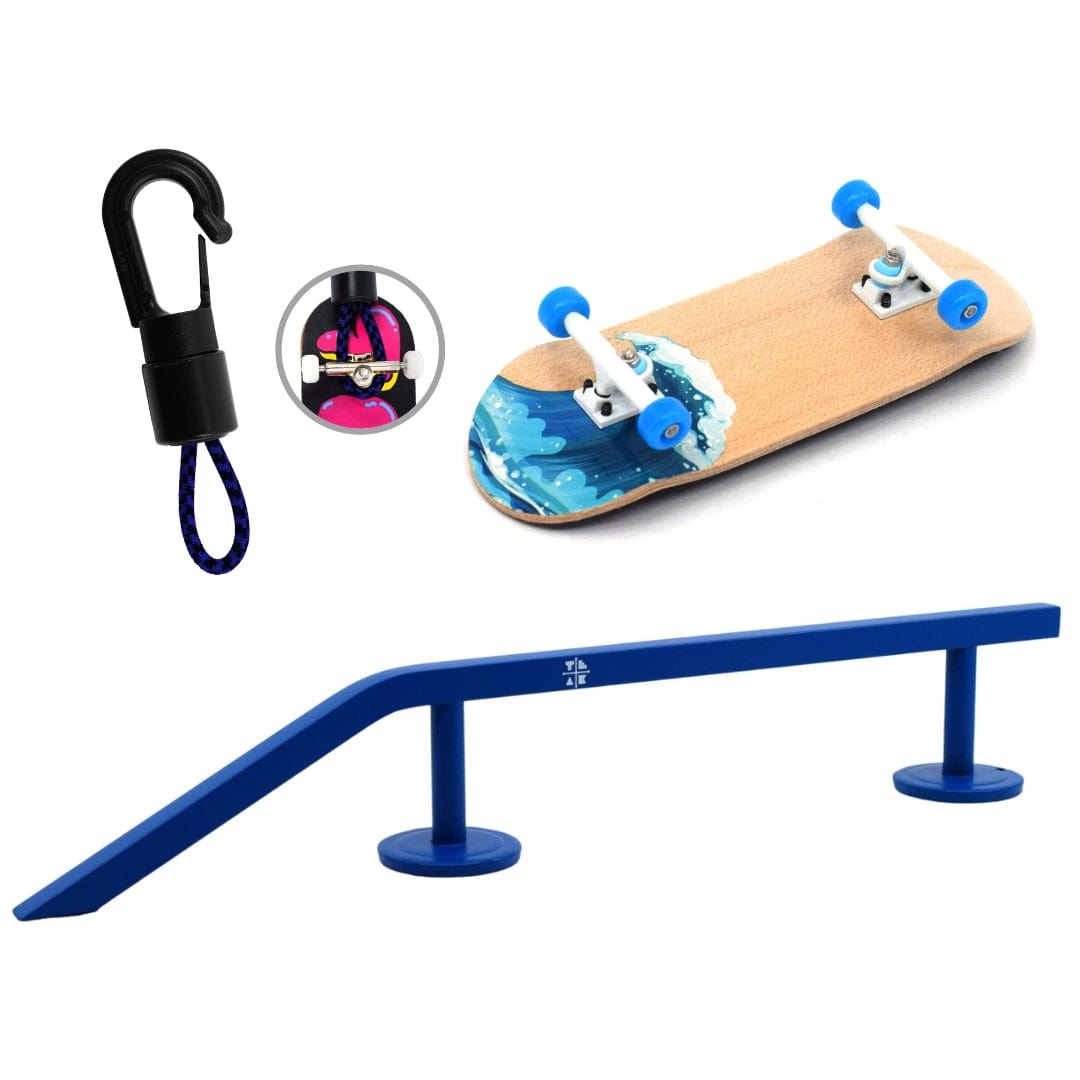 Teak Tuning Pro Fingerboards The Blue Surfer Starter Set - Gen2 Starter Bundle with Rail, Fingerboard Complete, and Travel Keychain