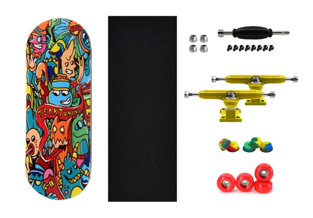 Teak Tuning 32mm Prolific Gen1 Fingerboard Complete - "Bubble Bushings & Monsters" Graphic - Gen1 Prodigy Trucks + Pro Duro Bubble Bushings